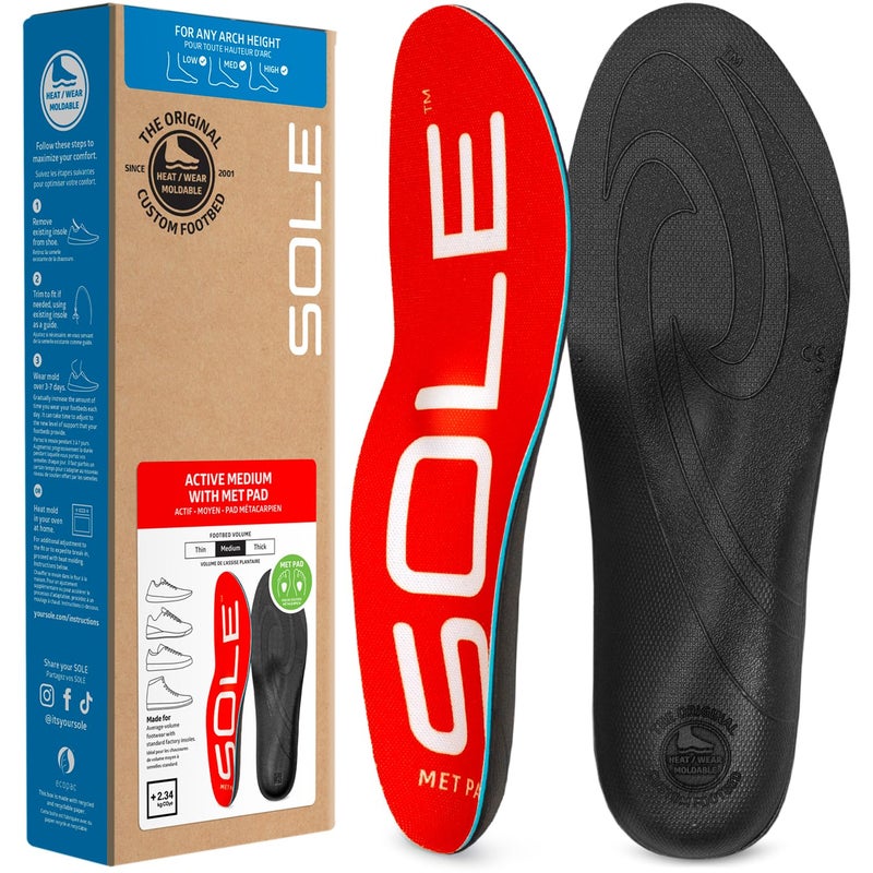 SOLE Active Medium + Met Pad Insoles - Custom Moldable Orthotic Support for Any Arch Type, Plantar Fasciitis Relief - Mens 5/Womens 7, 1 Pair - Image 1